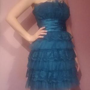 Blue lace strapless party dress